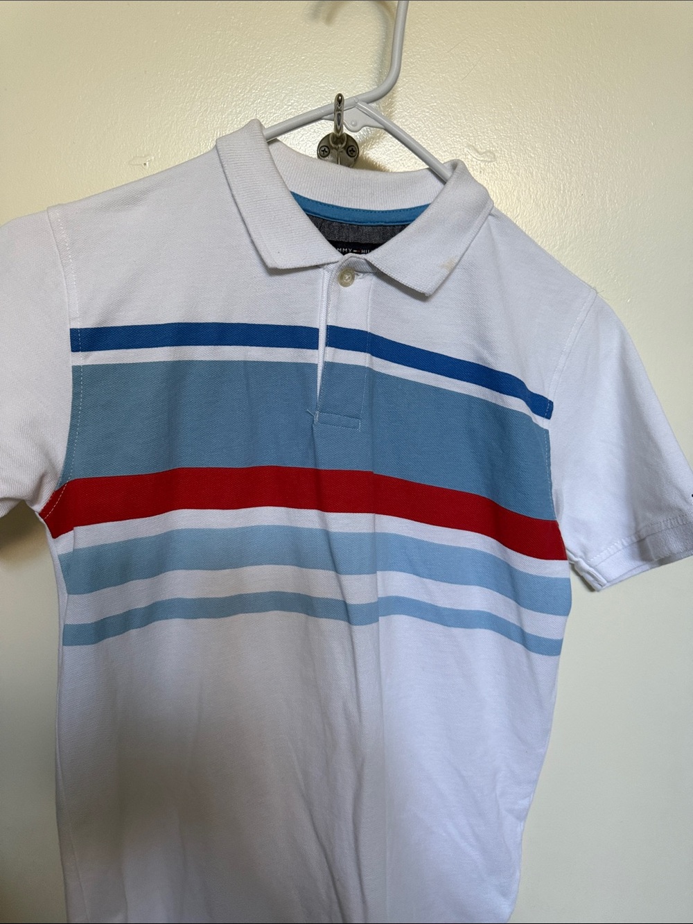 Tommy Hilfiger White Polo with Blue and Red Stripes